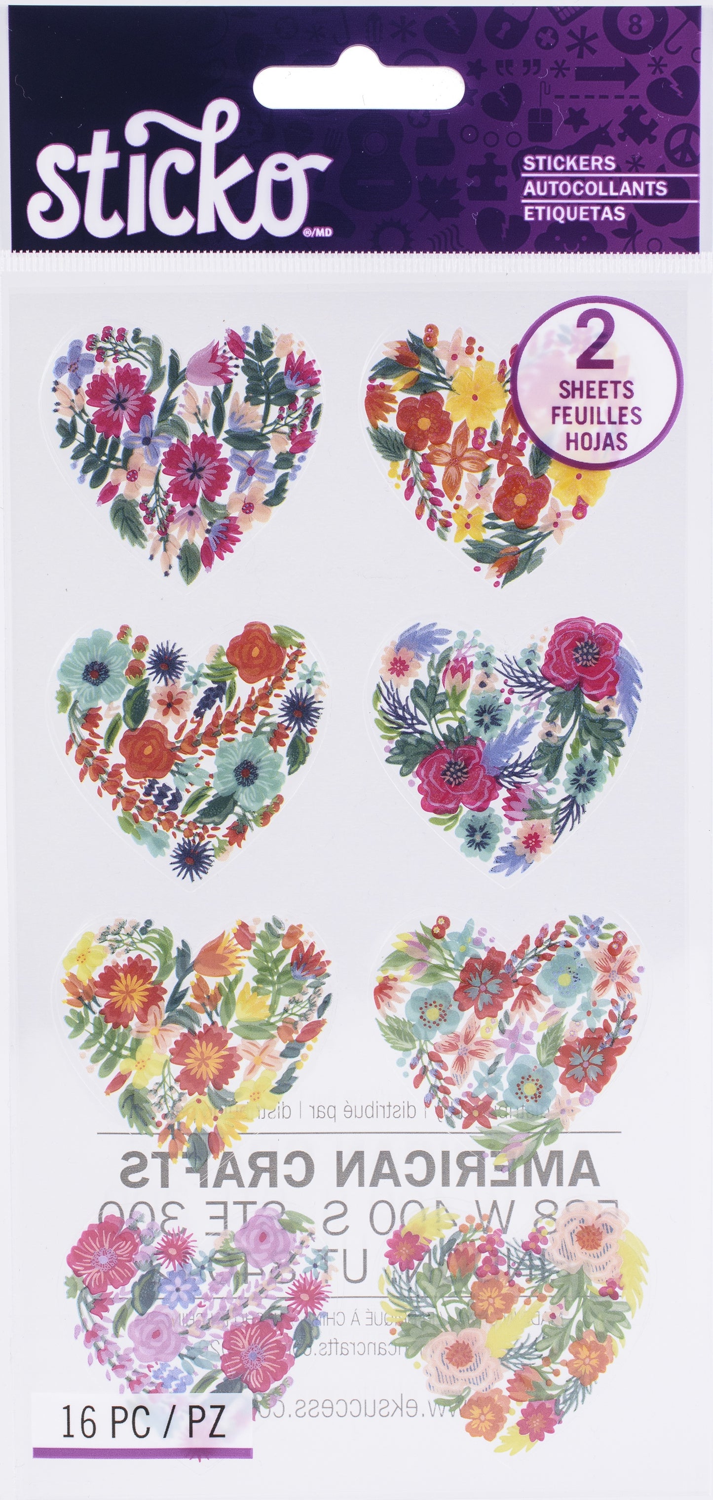 Sticko Flat Stickers-Floral Hearts, 16/Pkg