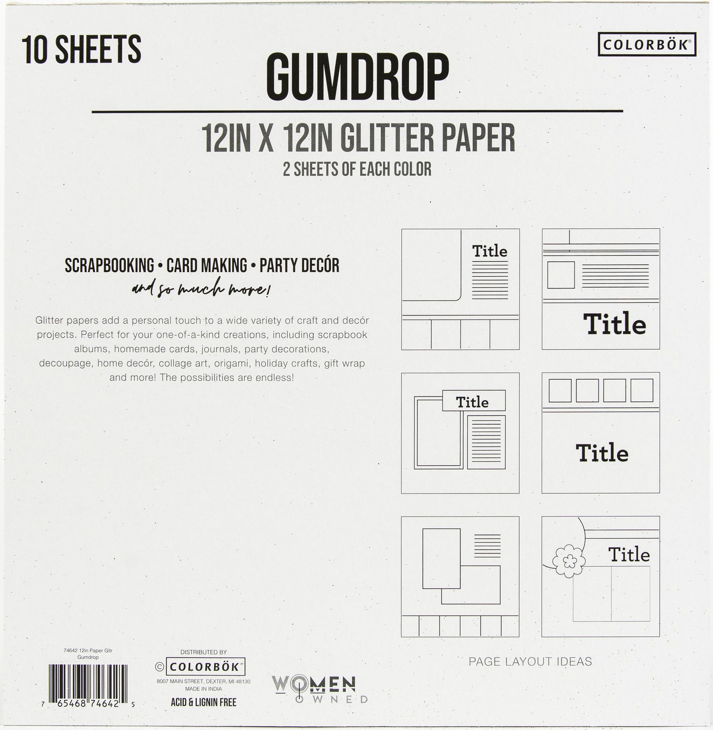 Colorbok 68lb Designer Single-Sided Paper 12"X12" 10/Pkg-Glitter Gumdrop, 5 Colors/2 Each