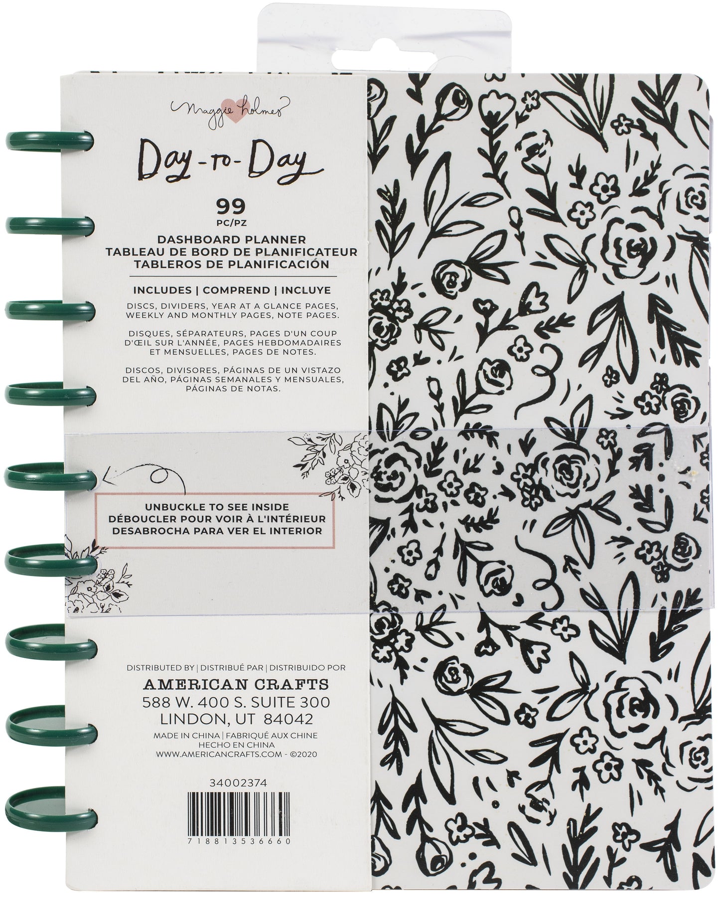 Maggie Holmes Day-To-Day Undated Dashboard Planner 7.5"X9.5"-Black & White Floral