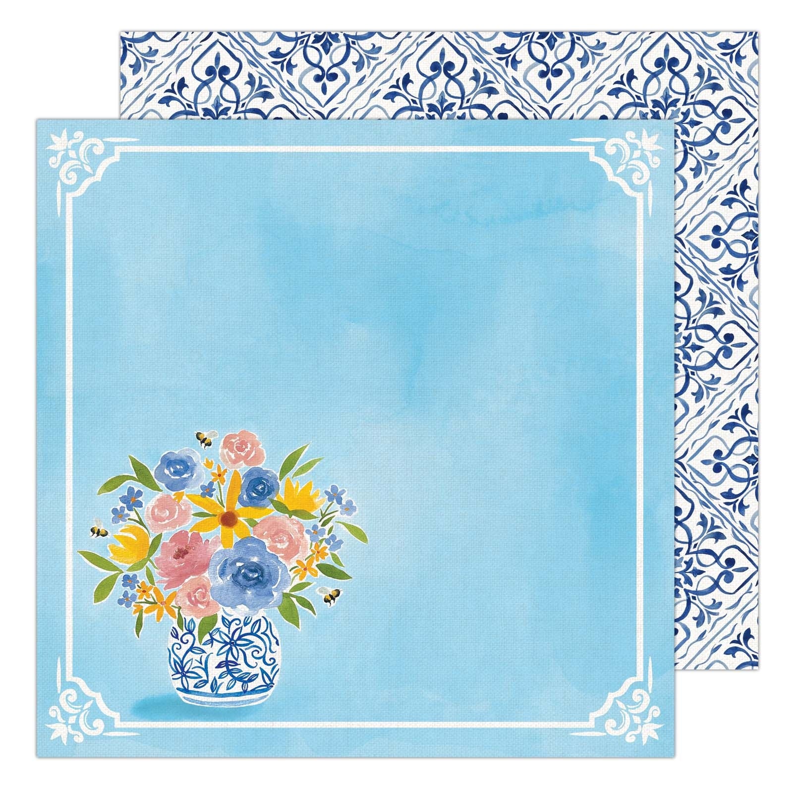 Paper House Productions - 12 x 12 Double Sided Paper - Blue Watercolor Floral