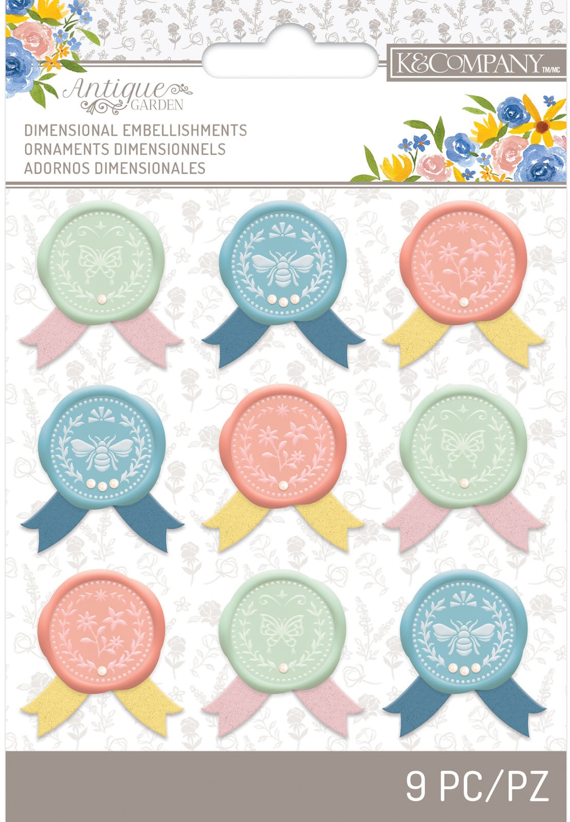 K&Company Antique Garden Seals W/Ribbon Accents 9/Pkg