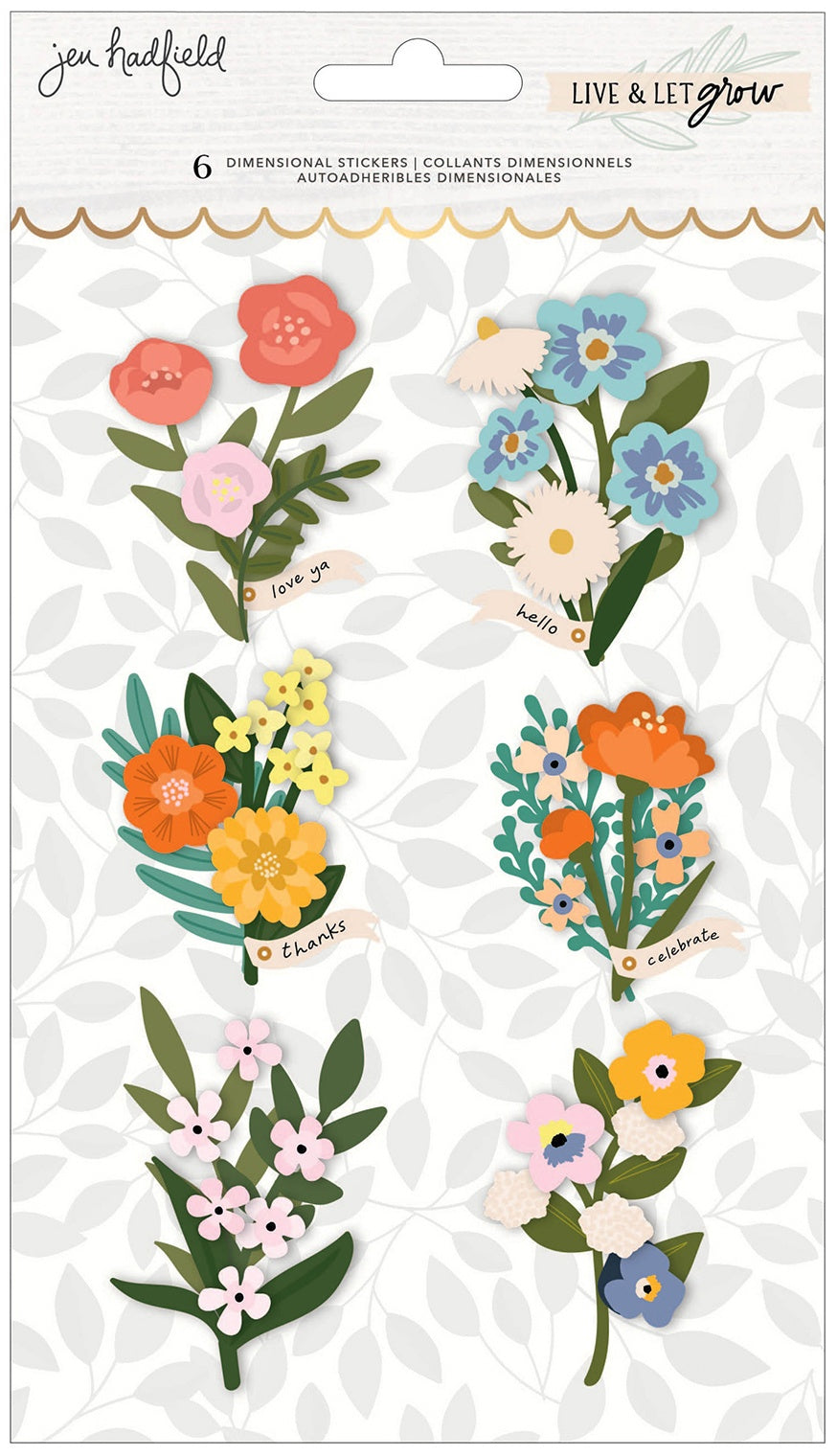 Jen Hadfield Live & Let Grow Layered Stickers 6/Pkg-Floral W/Gold Foil