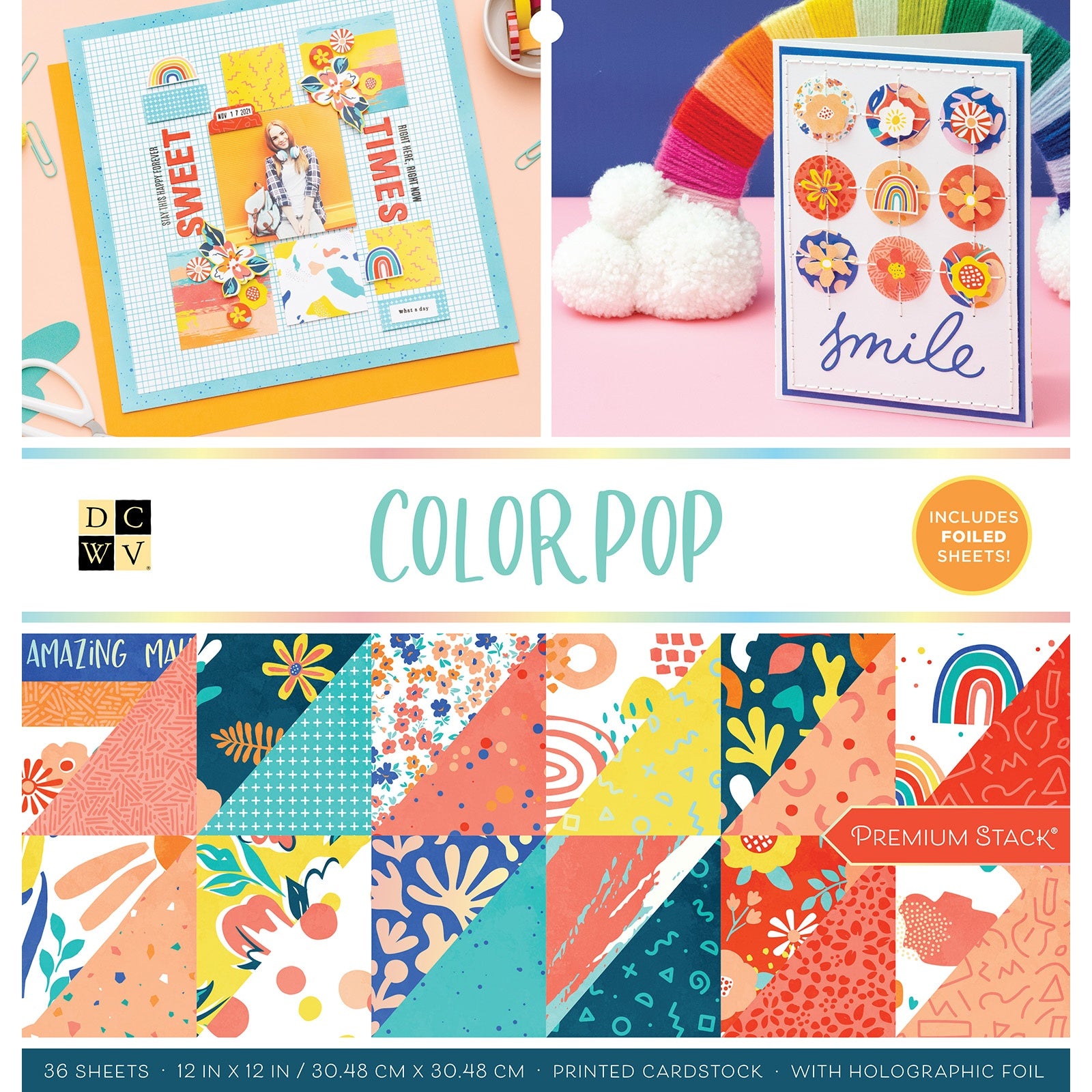 DCWV Double-Sided 12x12" Cardstock Stack - Color Pop, with Holographic Foil
