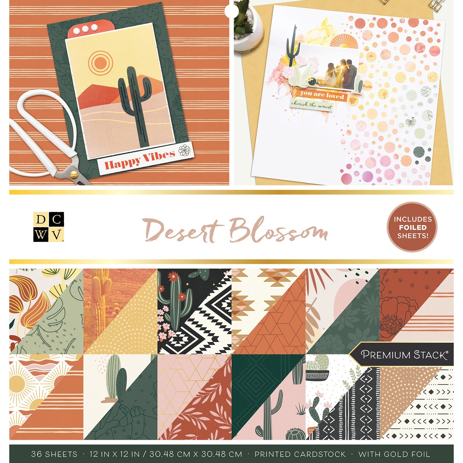 DCWV Double-Sided 12x12" Cardstock Stack - Desert Blossom, with Gold Foil