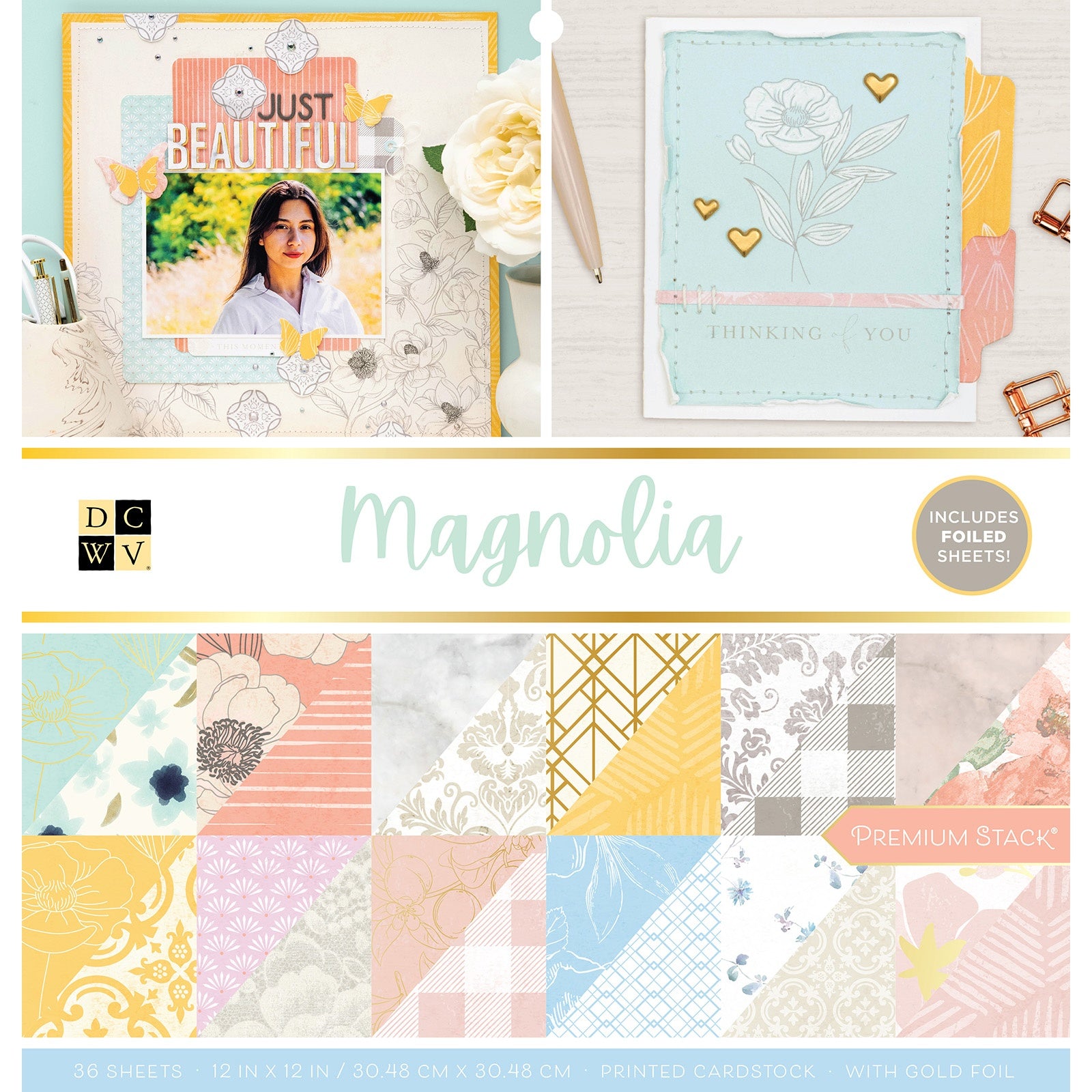 DCWV Double-Sided 12x12" Cardstock Stack - Magnolia, with Gold Foil