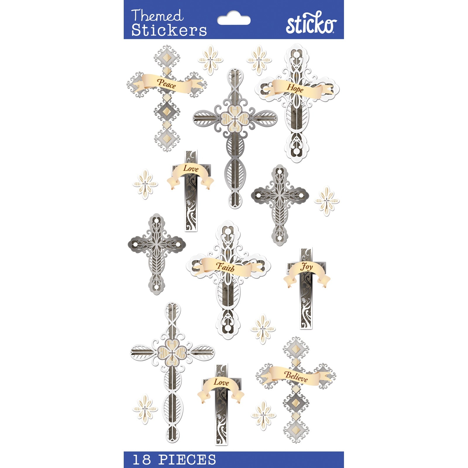 Sticko Themed Stickers - Inspiration Words And Crosses, 18pcs