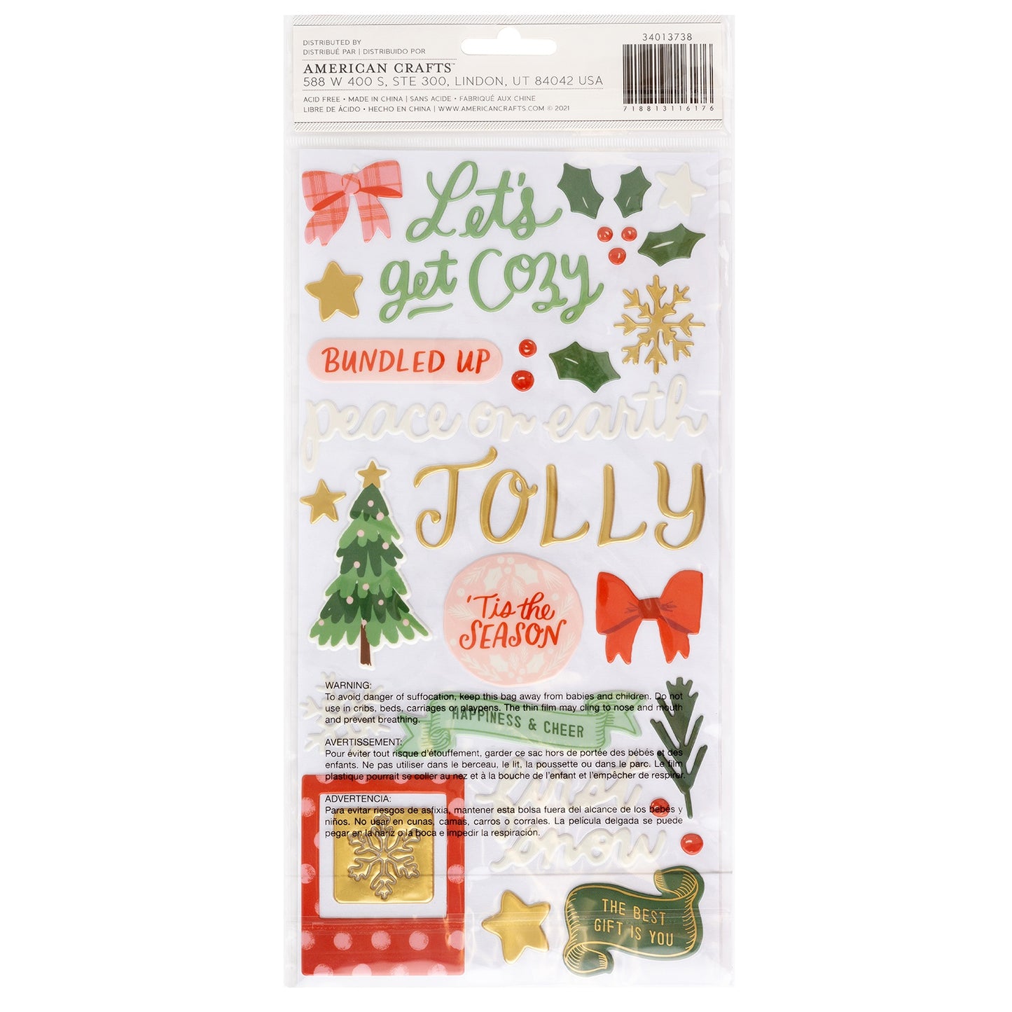 Mittens & Mistletoe Thickers Stickers 99/Pkg-All Is Bright Phrase W/Gold Foil