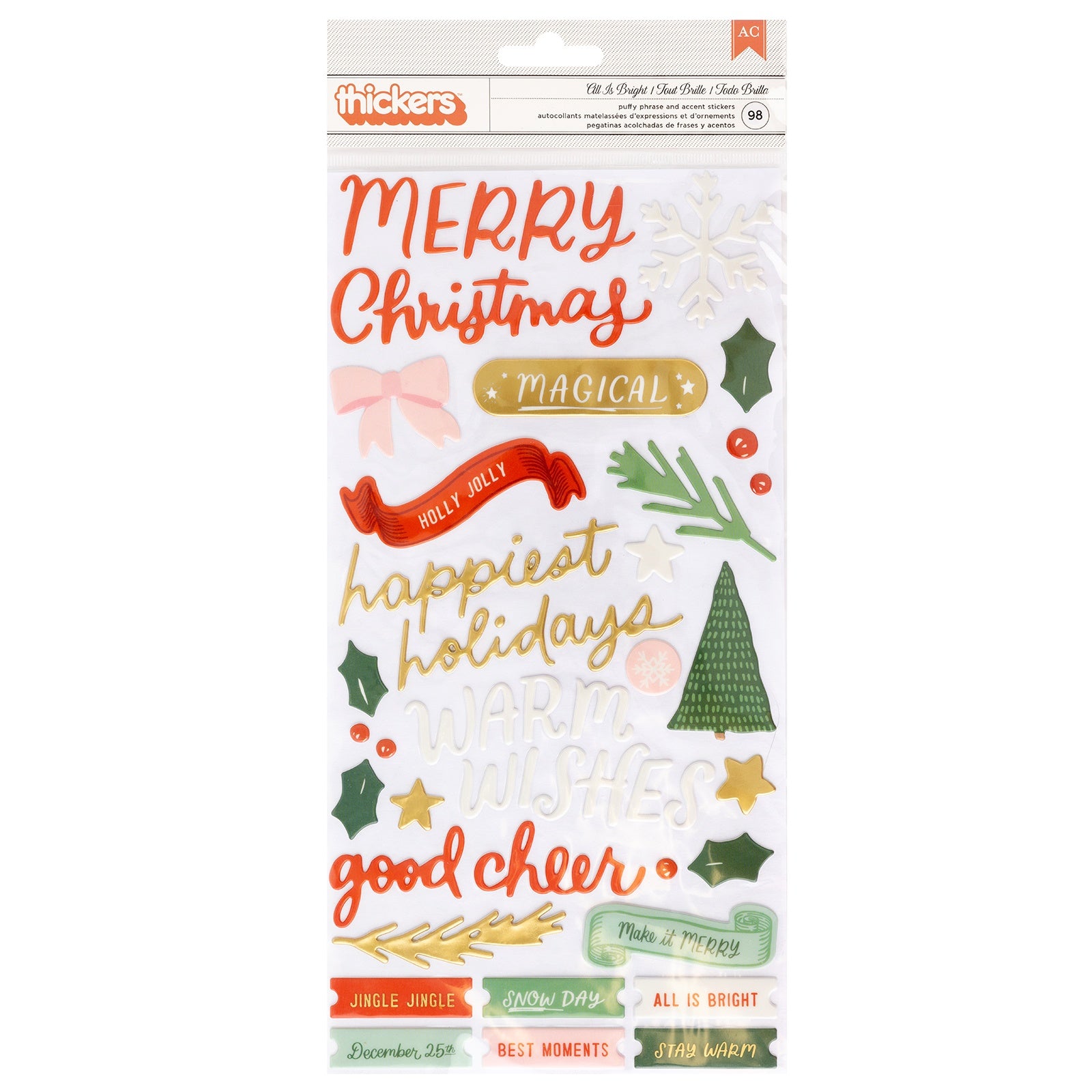 Mittens & Mistletoe All Is Bright Thickers Phrase Stickers with Gold Foil - 99pcs