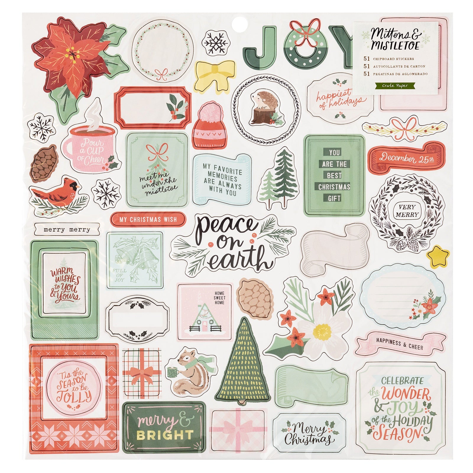 Mittens & Mistletoe Icons & Phrase Christmas Chipboard Stickers - 51pcs