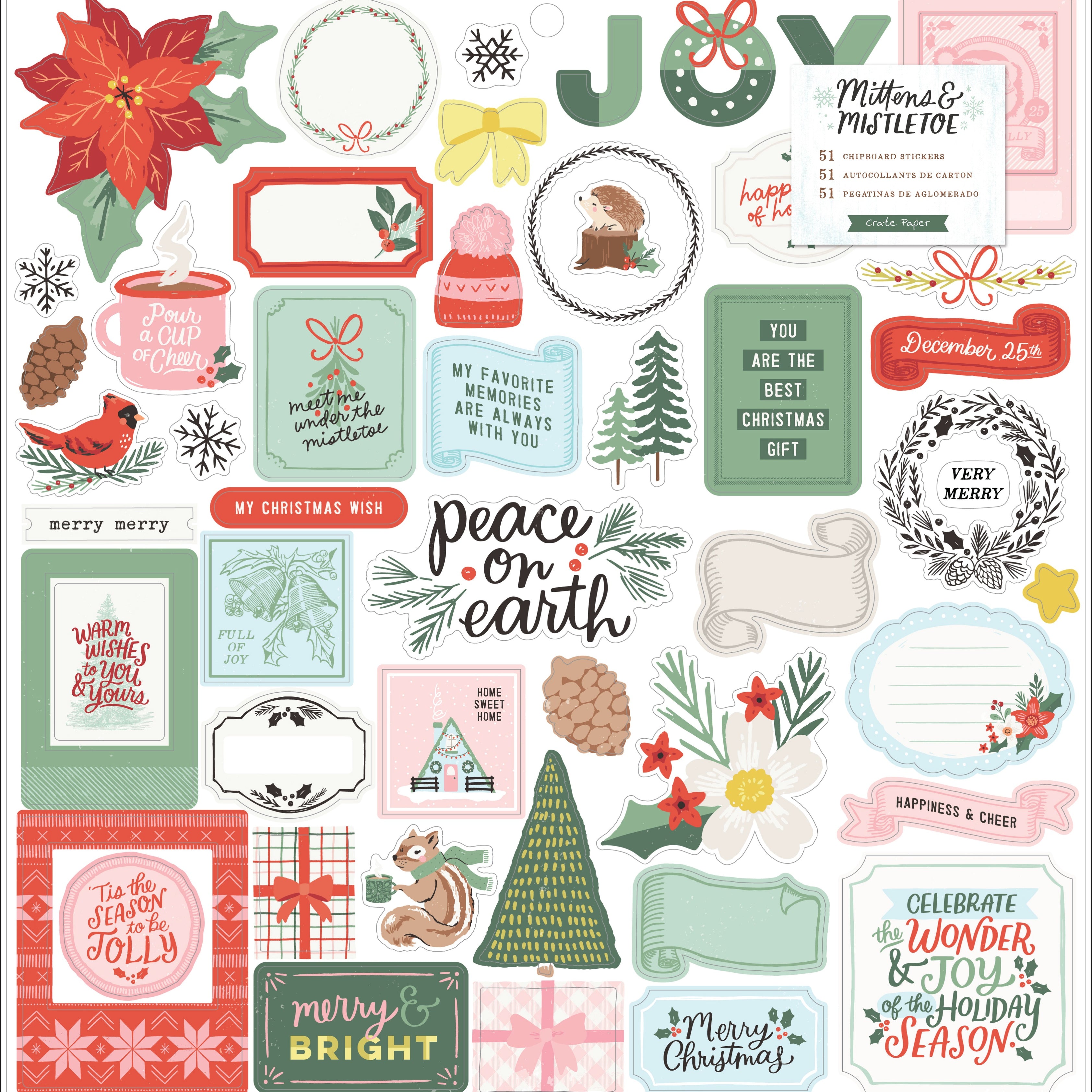 Mittens & Mistletoe Icons & Phrase Christmas Chipboard Stickers