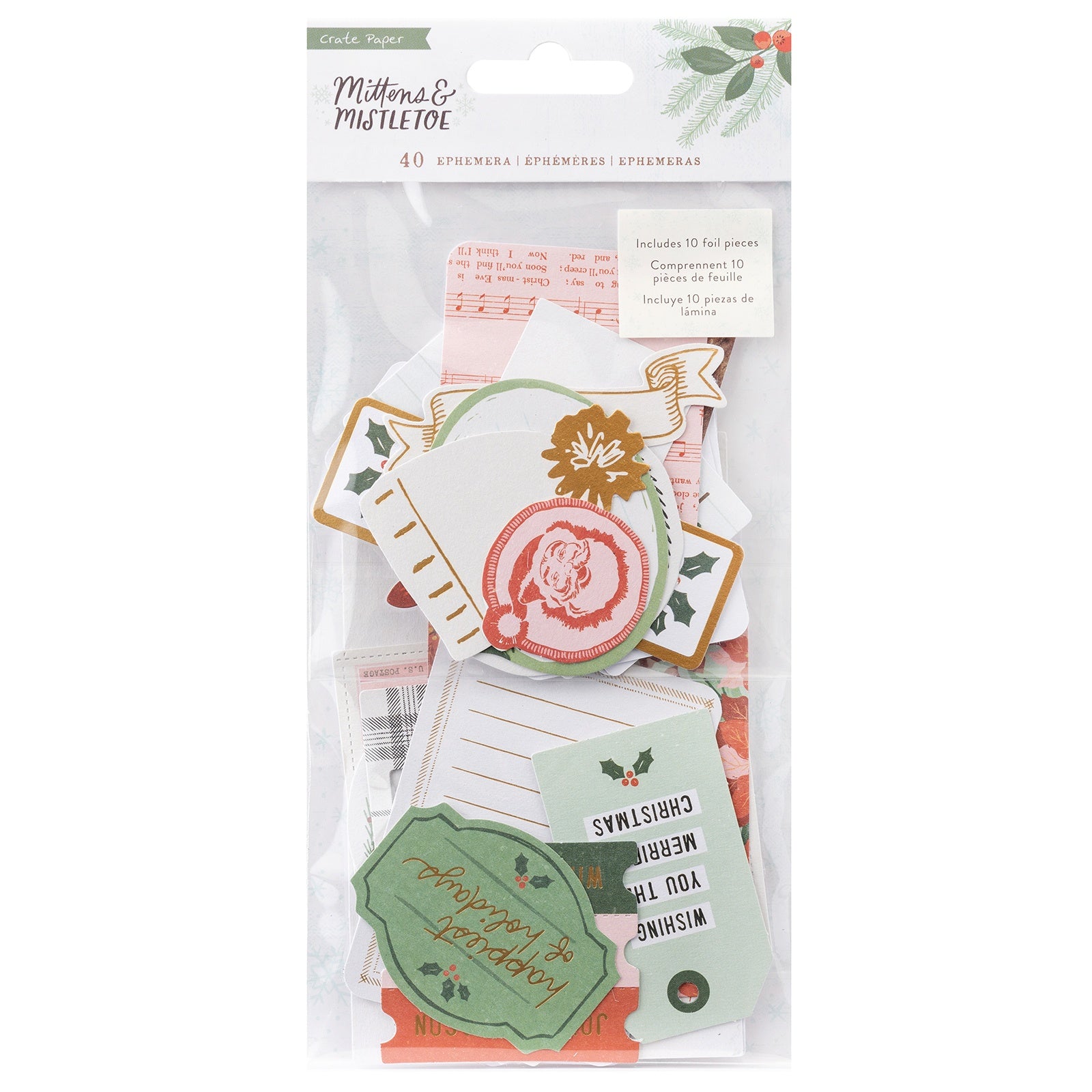 Mittens & Mistletoe Ephemera Die-Cuts with Gold Foil - Journaling, 40pcs