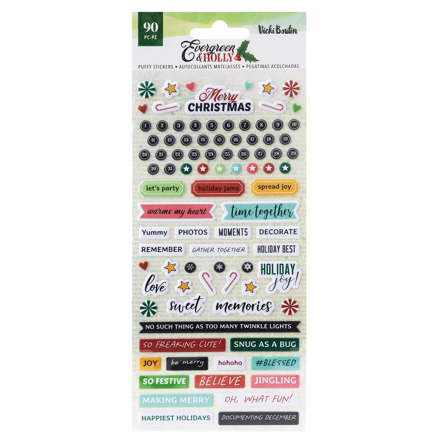 Vicki Boutin Evergreen & Holly Puffy Stickers 90/Pkg