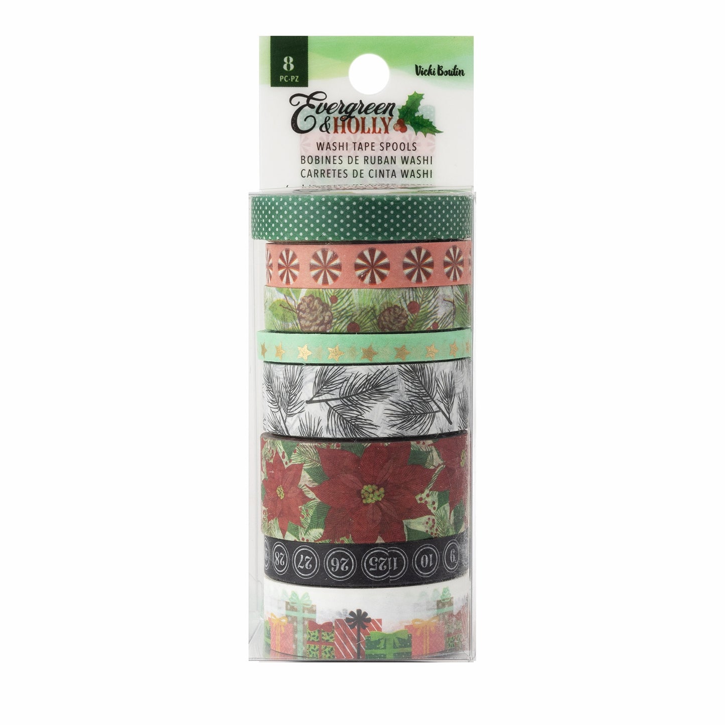 Vicki Boutin Evergreen & Holly Washi Tape 8/Pkg-W/Gold Foil Accents