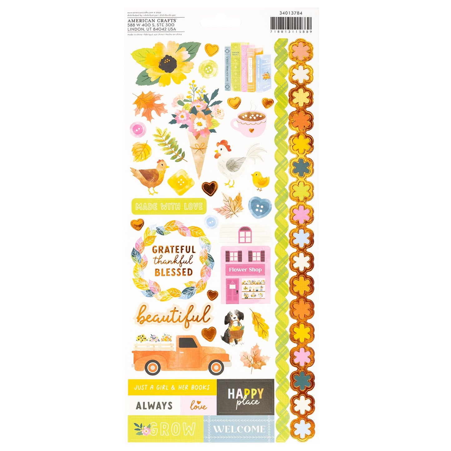 Paige Evans Garden Shoppe Stickers 6"X12" Sheet 98/Pkg-Accents & Phrases W/Copper Foil Accents