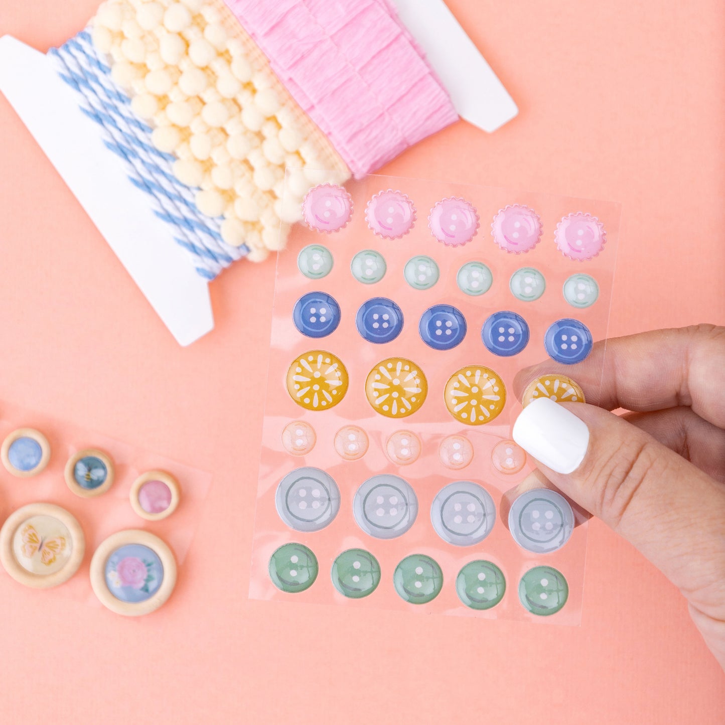 Maggie Holmes Parasol Embellishment Mix 72/Pkg-Buttons, Dots, Ribbon & Twine