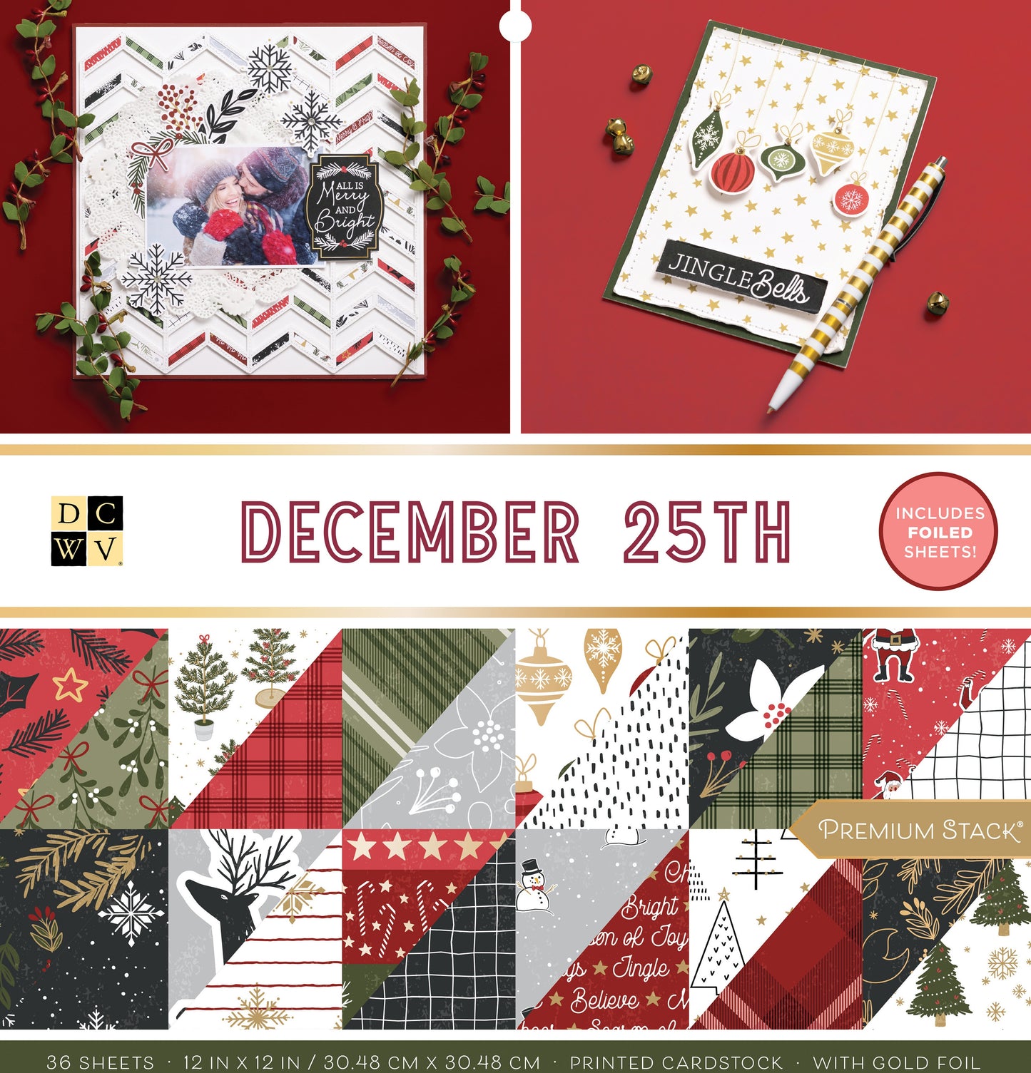 DCWV Double-Sided Cardstock Stack 12"X12" 36/Pkg-December 25th, W/Gold Foil