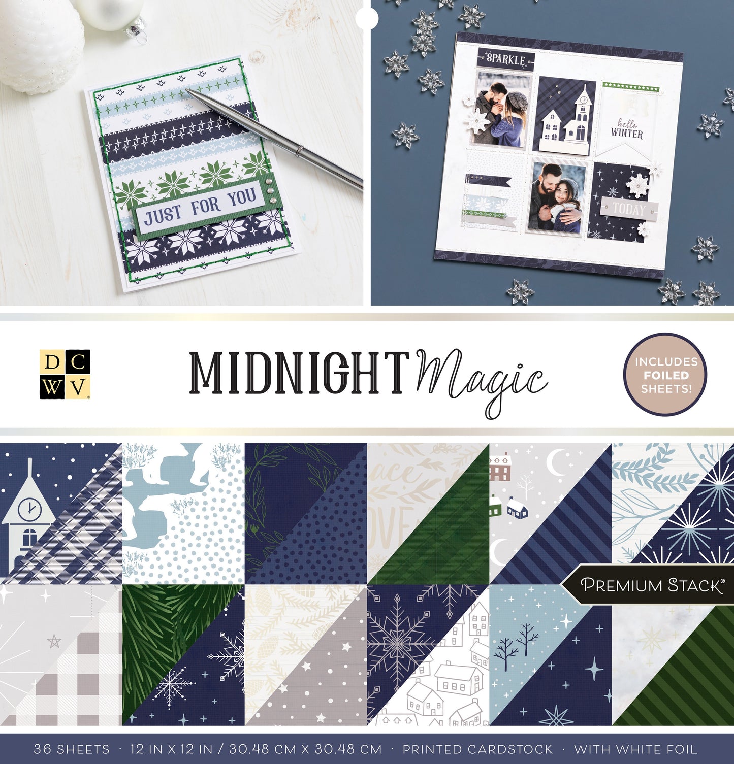DCWV Double-Sided Cardstock Stack 12"X12" 36/Pkg-Midnight Magic, W/White Foil